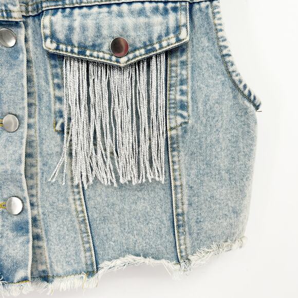 Womens Western Cowgirl Fringe Pocket Button Up Cropped Denim Vest‎ Jacket Large - Picture 2 of 6